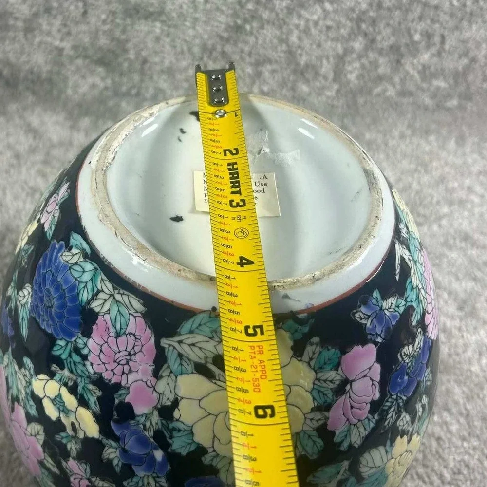 Ginger Jar Black Millefleur Butterfly Floral Decorative China 7in Modern